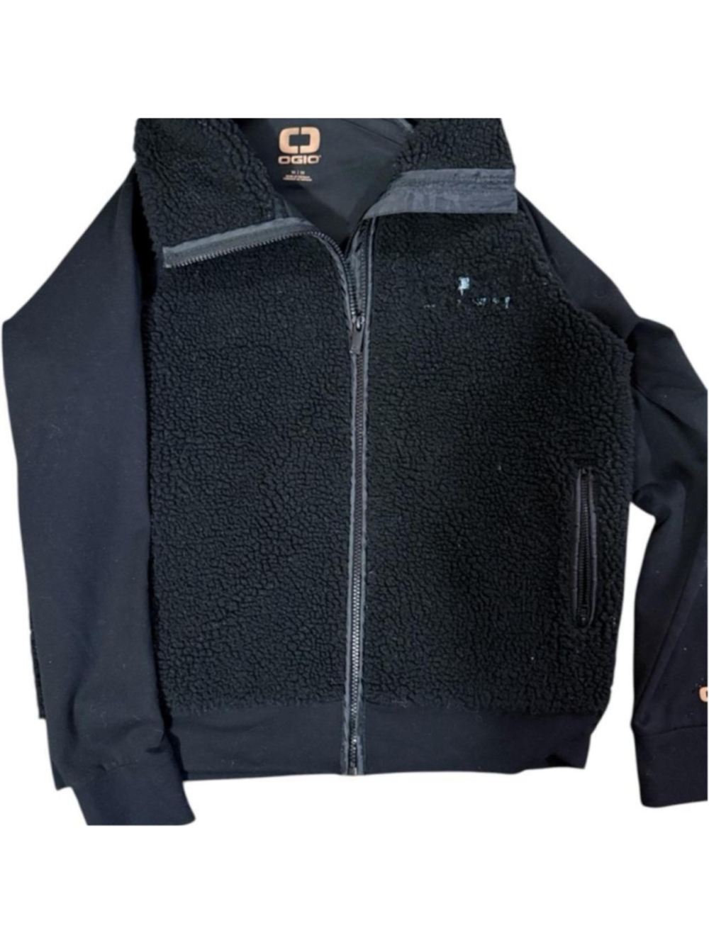 OGIO black fleece jacket with zipper pockets and adjustable waist